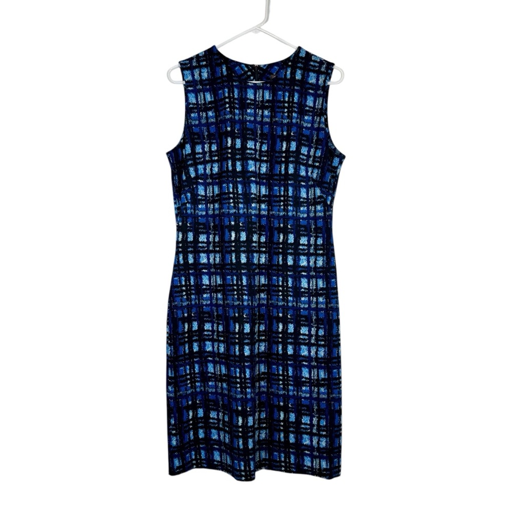 J. McLaughlin Blue Black Abstract Plaid Printed Scuba Dress Size LG Sleeveless